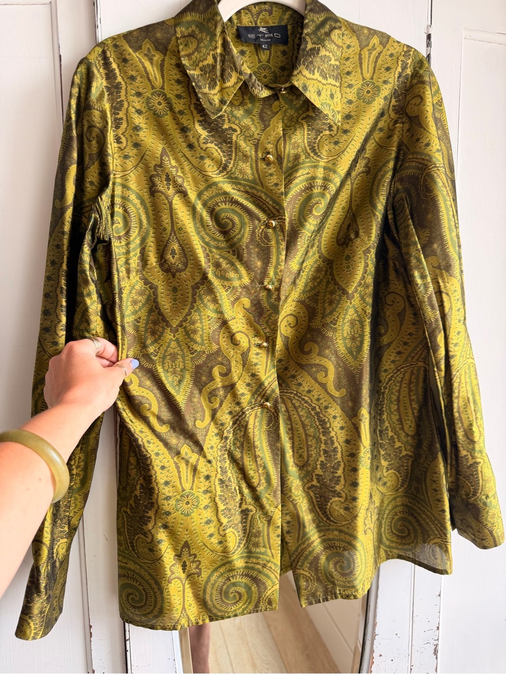 Etro Olive Green Paisley Button-Down Shirt Jacket